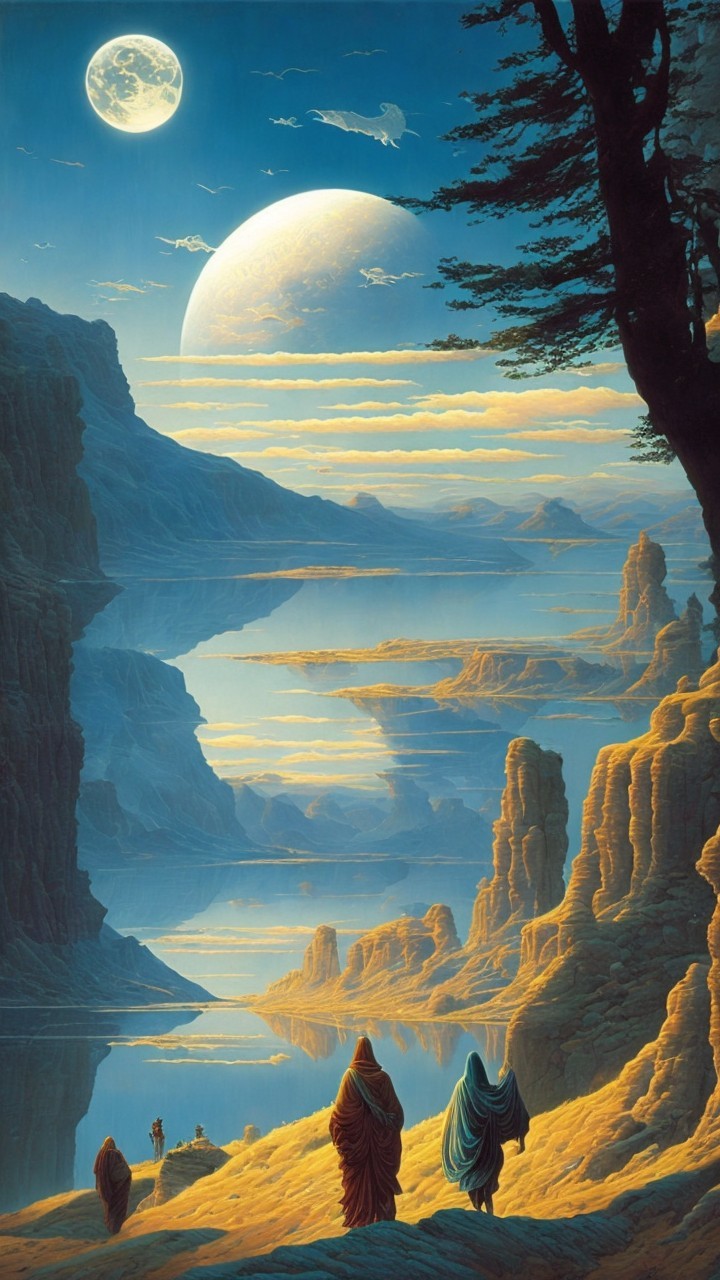 Serene Landscape with Figures and Otherworldly Vista