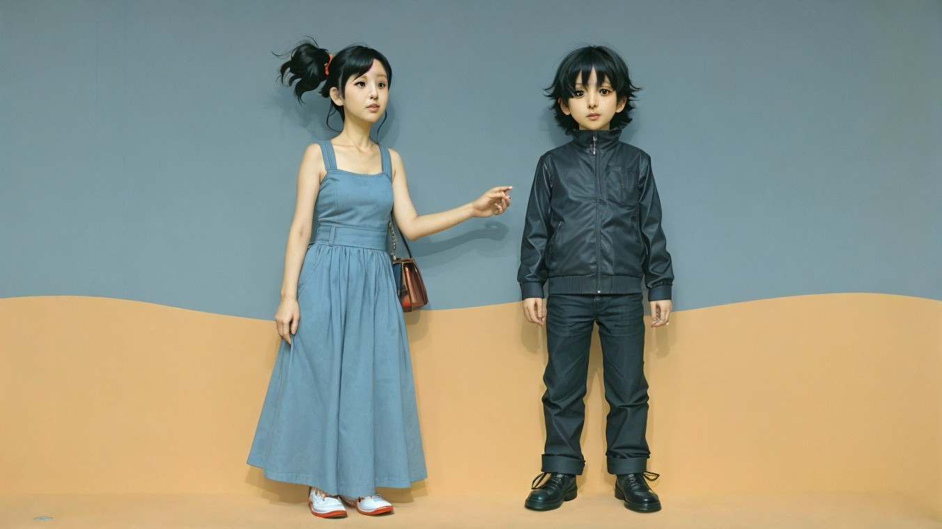 Girl in Blue Dress and Boy in Dark Jacket Portrait