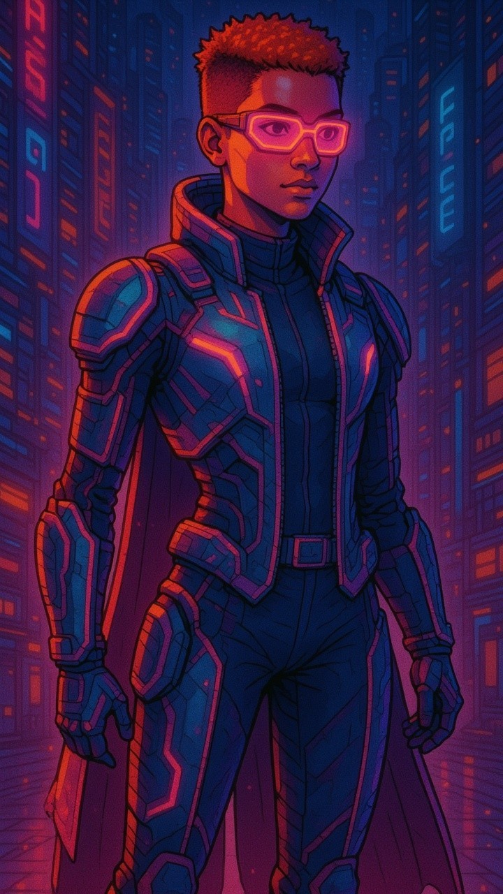 Futuristic character in neon-lit sci-fi environment