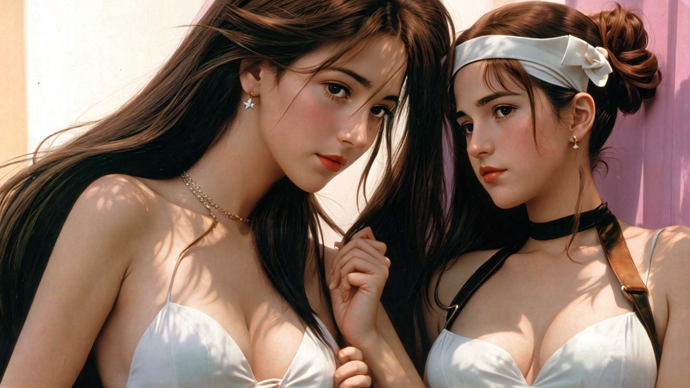 Two Women in Elegant White Outfits with Flowing Hair