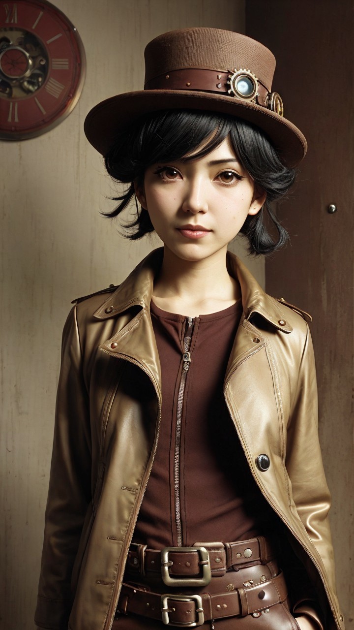 Young Woman in Brown Leather Jacket and Hat