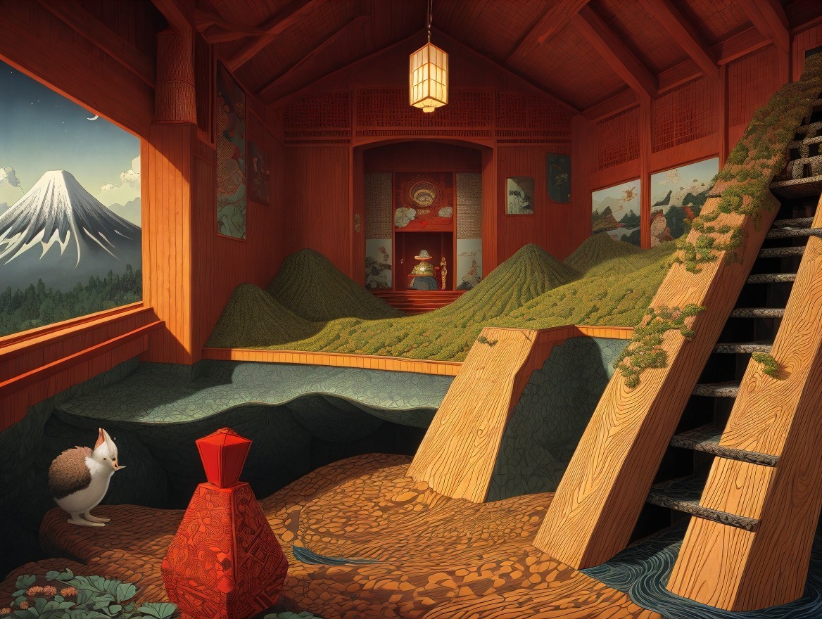 Wood-paneled room with moss hills and traditional art