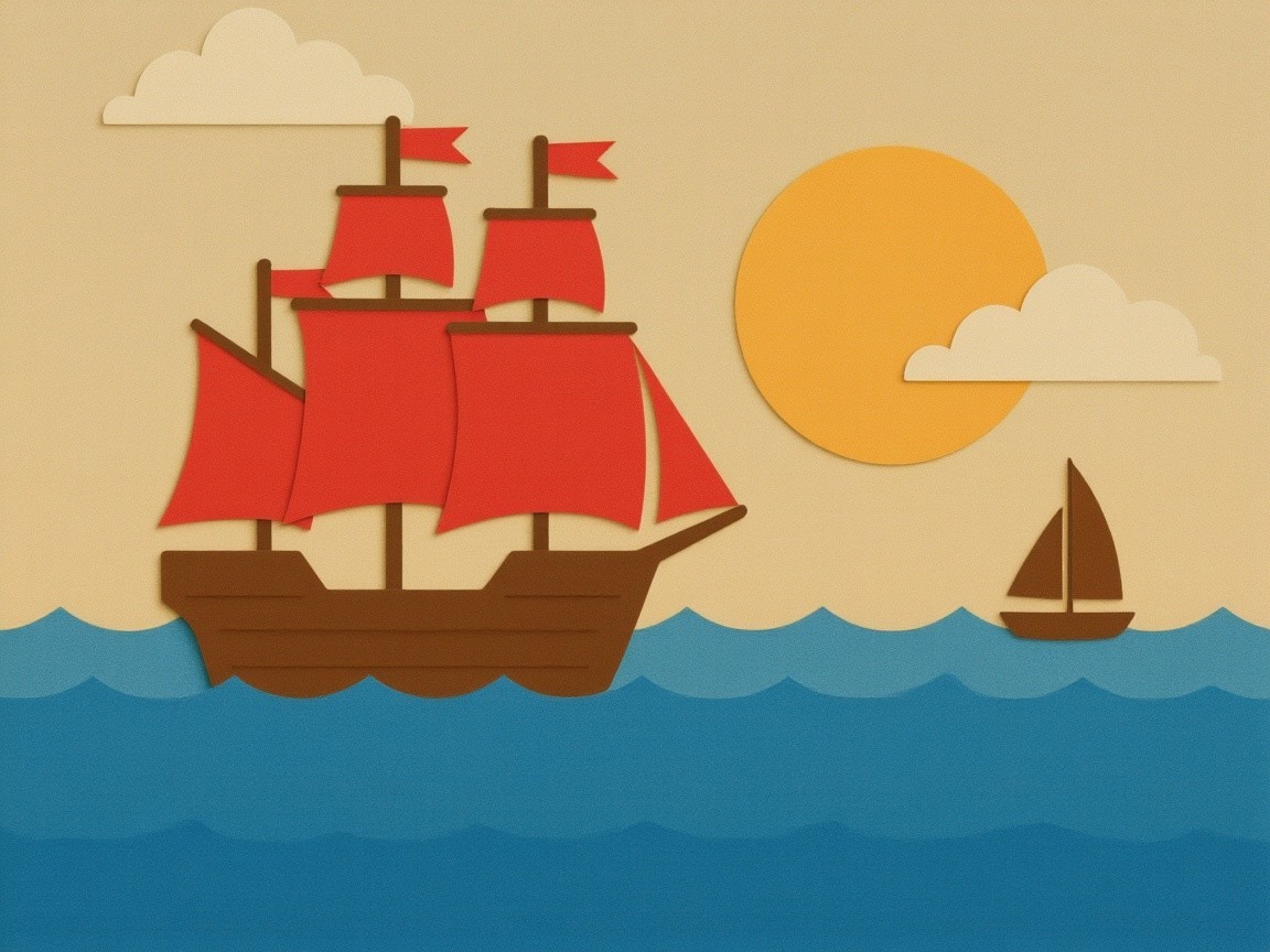 Whimsical Ship with Red Sails on Blue Waves Scene