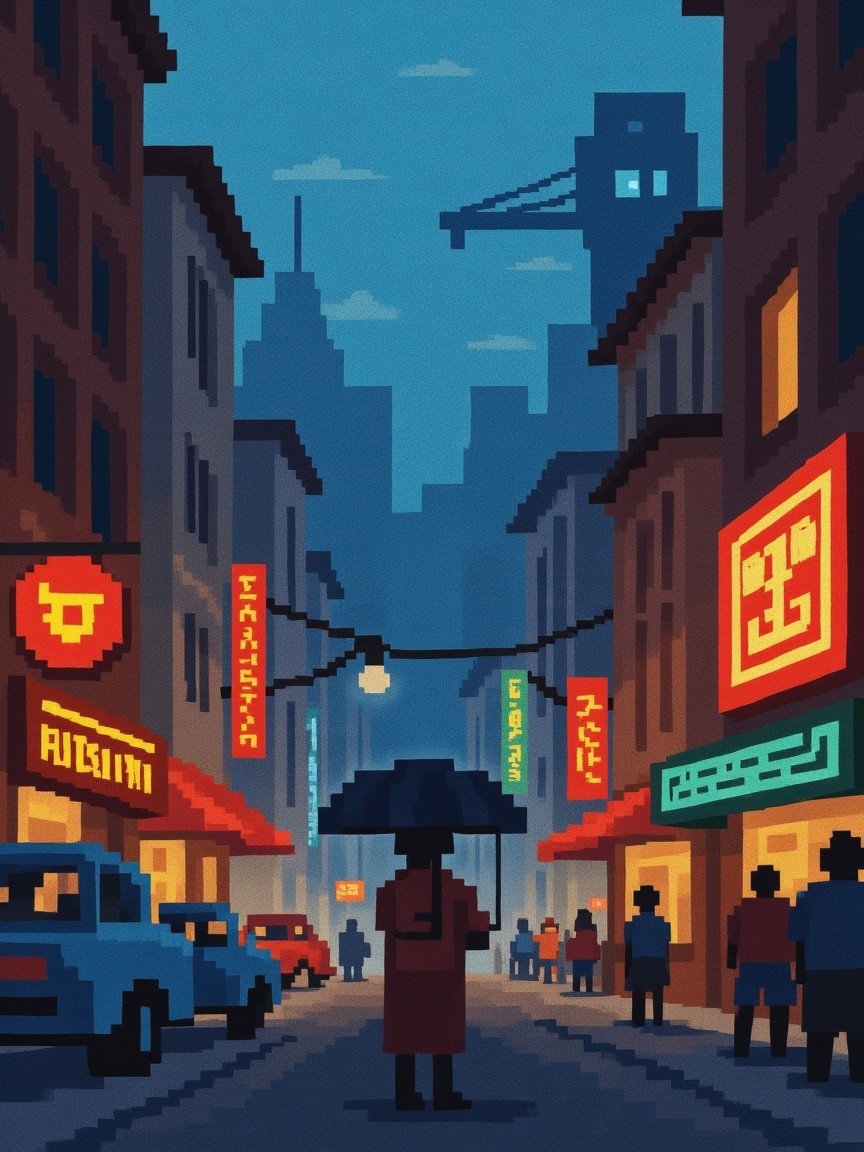 Vibrant Pixel Art Urban Street Scene at Dusk