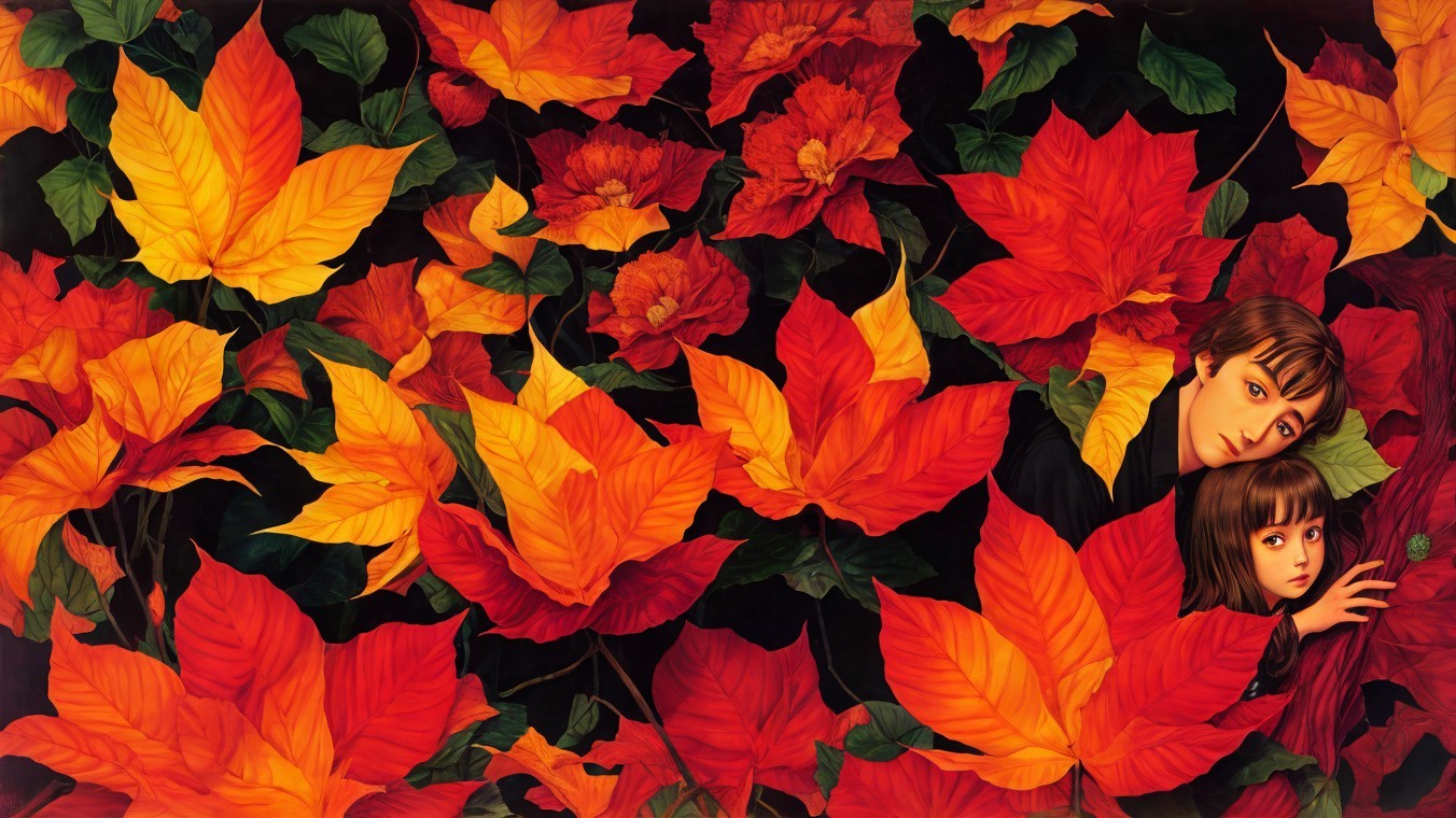 Two figures among vibrant autumn leaves in warm colors