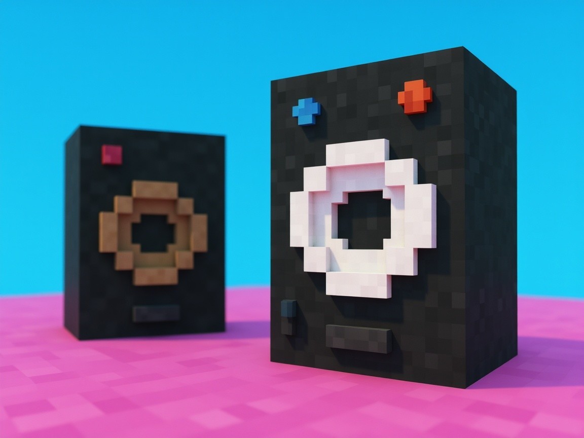 Pixel Art Speakers on Blue and Pink Background