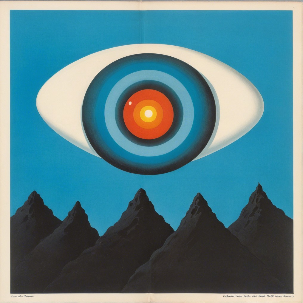 Large Stylized Eye with Vibrant Background and Mountains