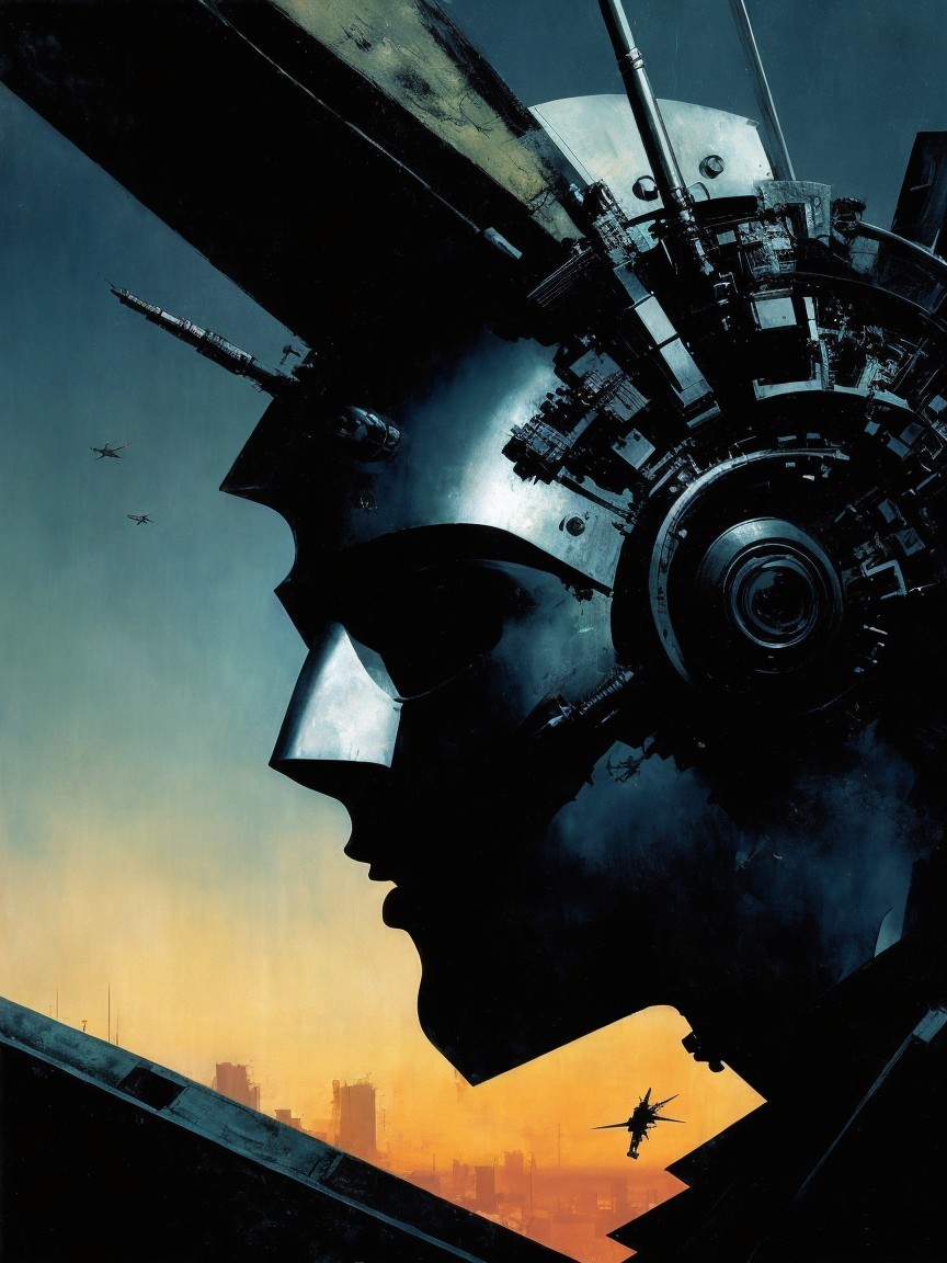Robotic Figure Profile Against Futuristic Cityscape