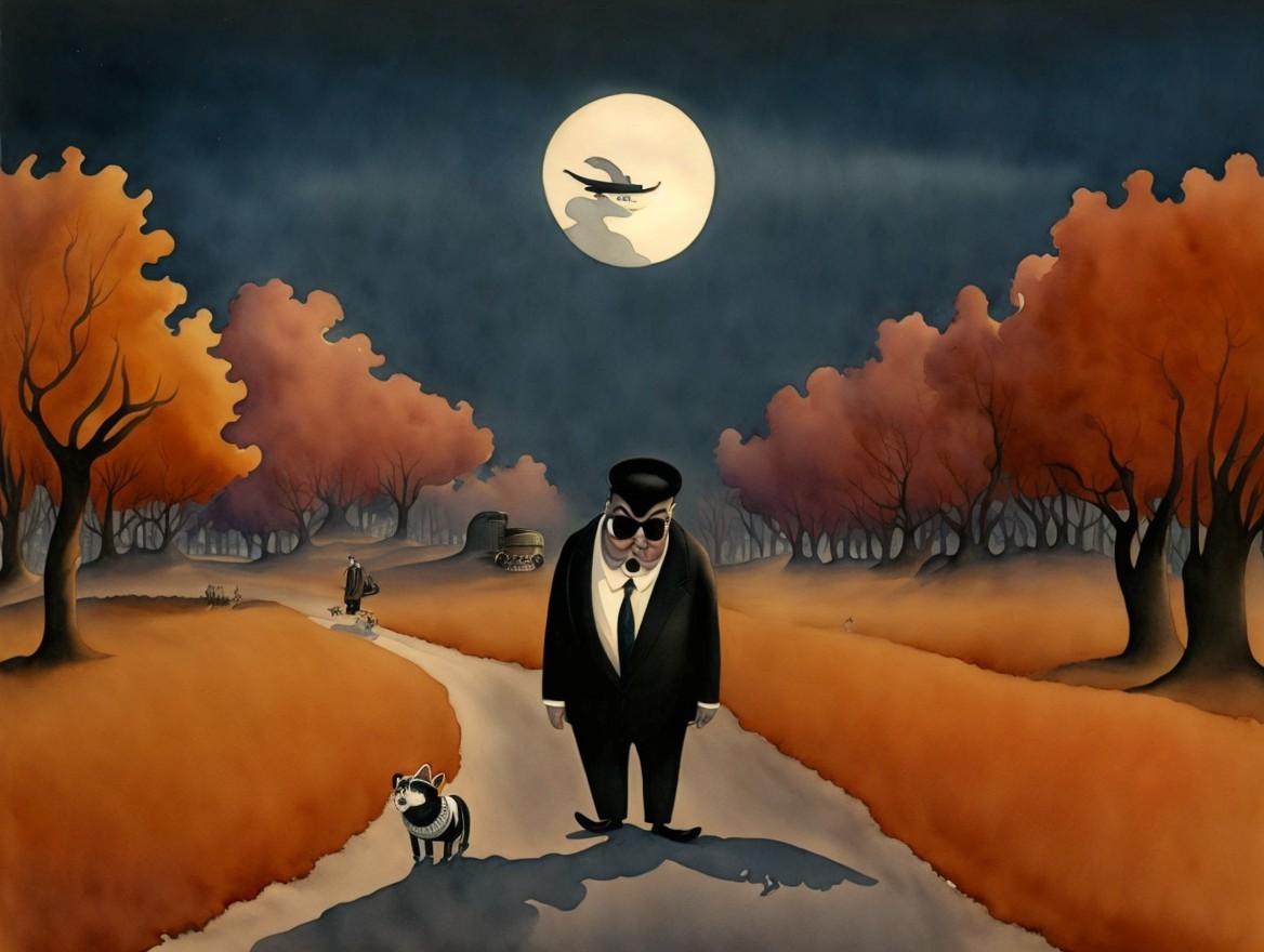 Surreal Autumn Scene with Man and Dog Under Moon