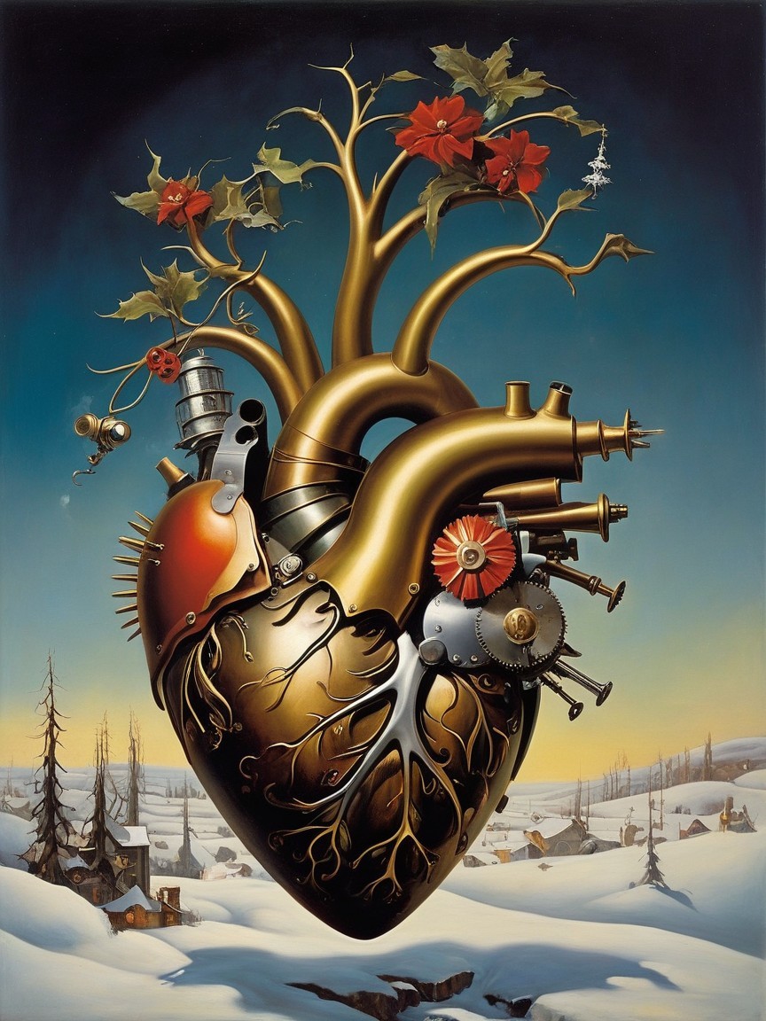 Steampunk Heart with Floral Elements in Winter Scene