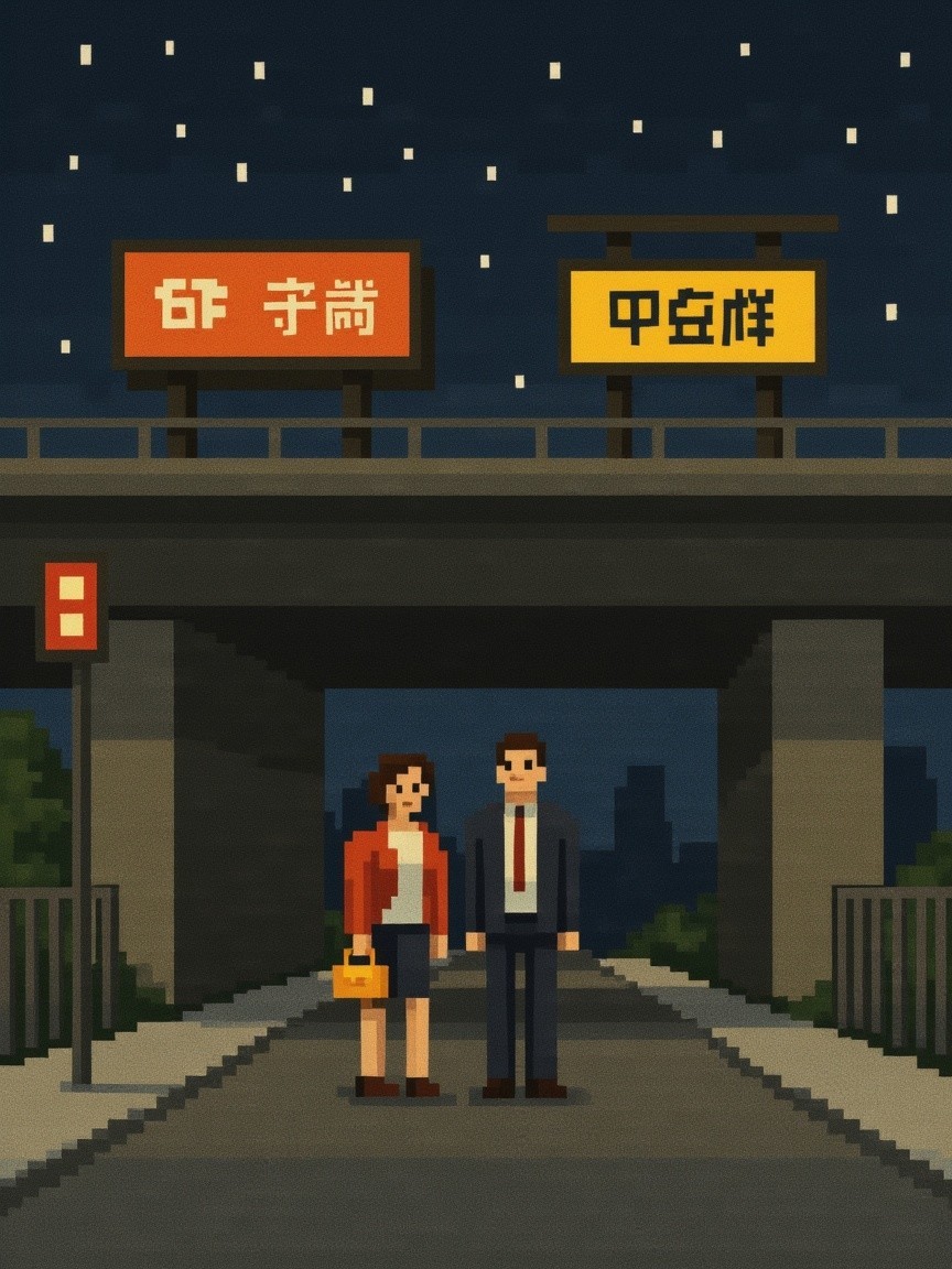 Pixel Art of Business Professionals on Night Street
