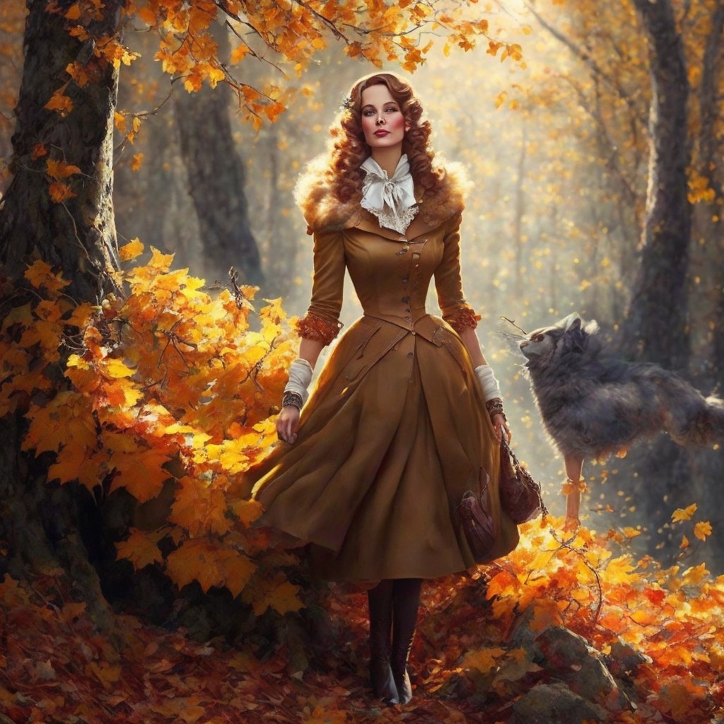 Vintage Dress and Wolf in Autumn Forest Scene