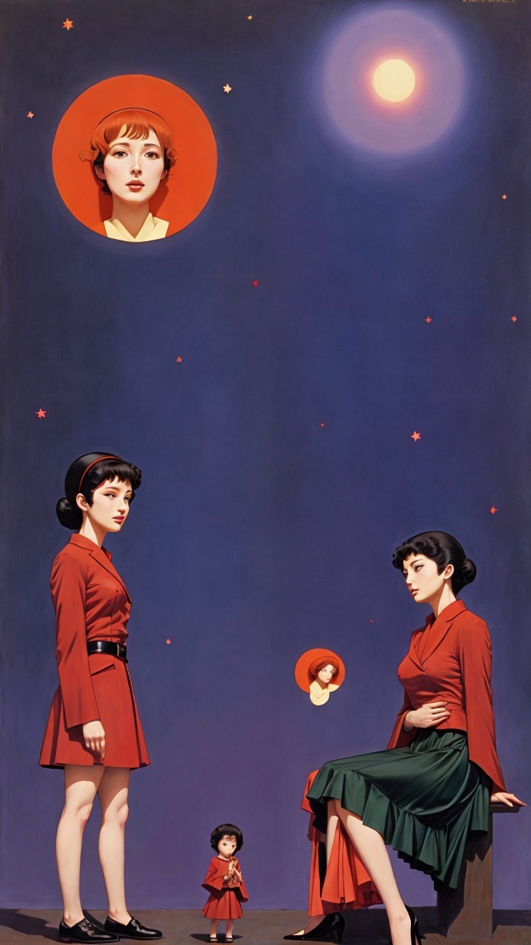 Three Women in Red Outfits Under a Starry Night Sky