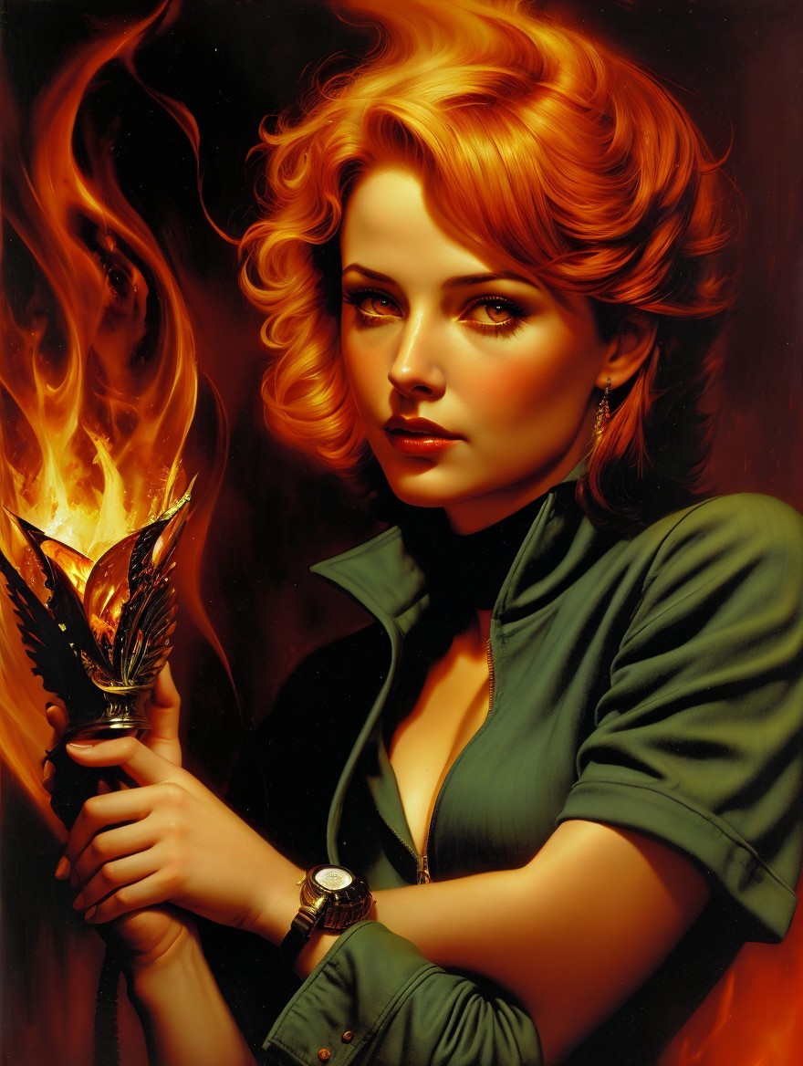 Vibrant Red-Haired Woman with Torch in Dark Background