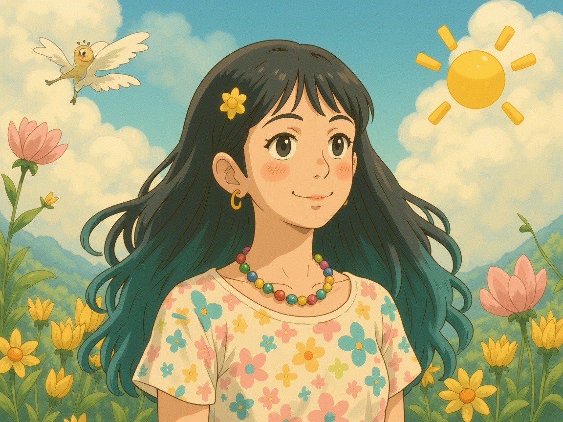 Cheerful girl with blue-tipped hair in flower landscape