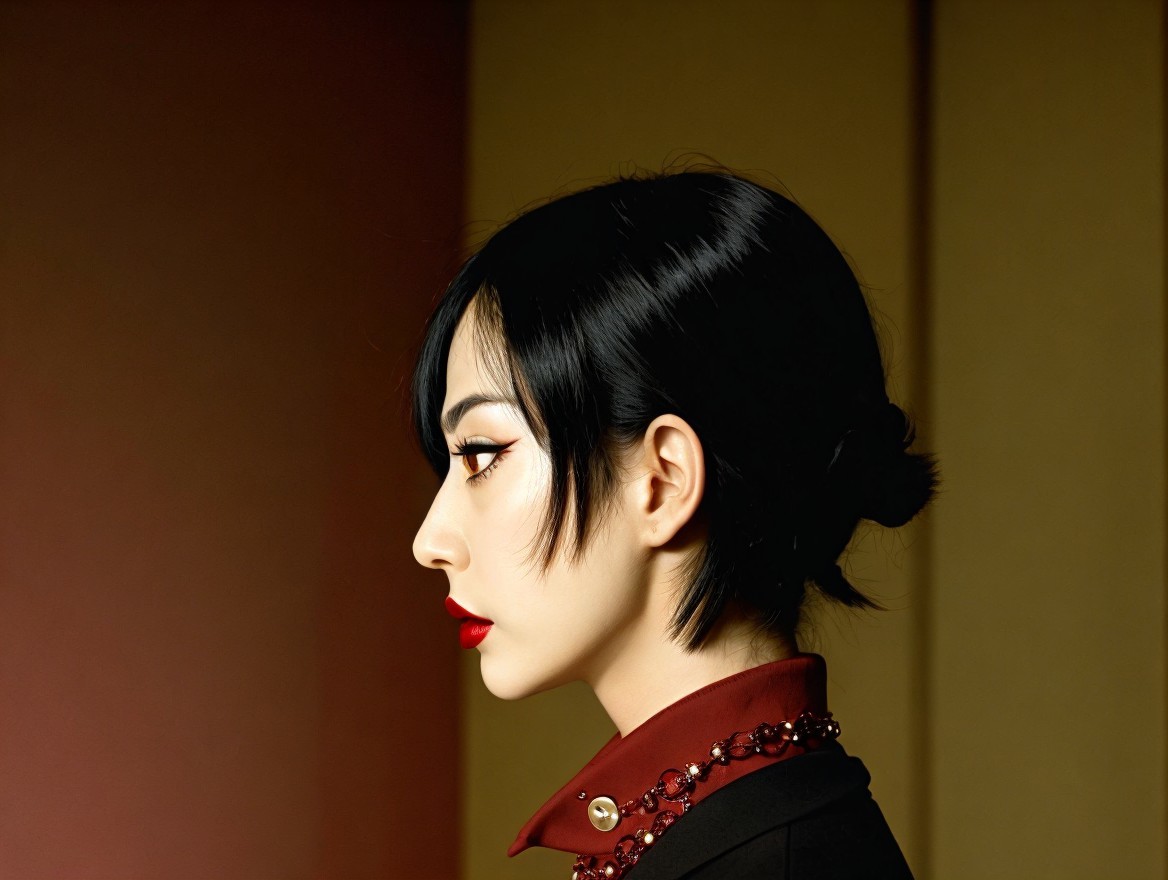 Profile of a Woman with Bold Makeup and Fashion Choices