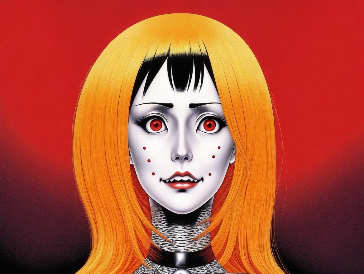 Character with Pale Face and Orange Hair on Red Background
