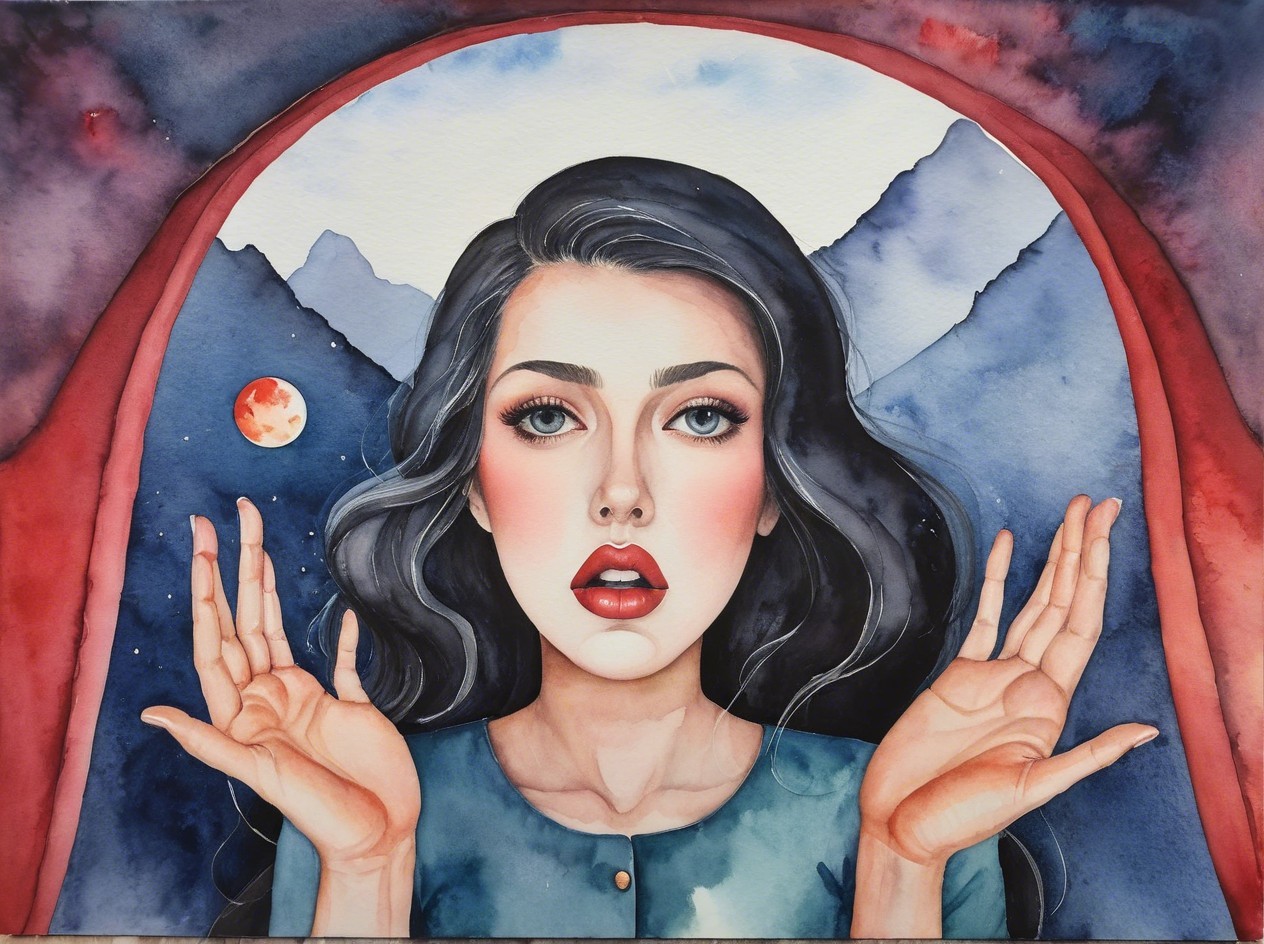 Watercolor Portrait of a Woman with Blue Eyes and Curtains