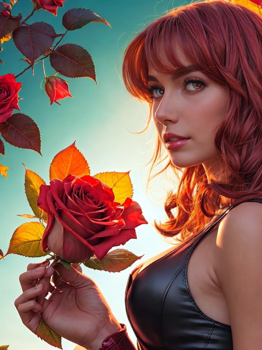 Young Woman with Red Hair and Rose in Colorful Setting
