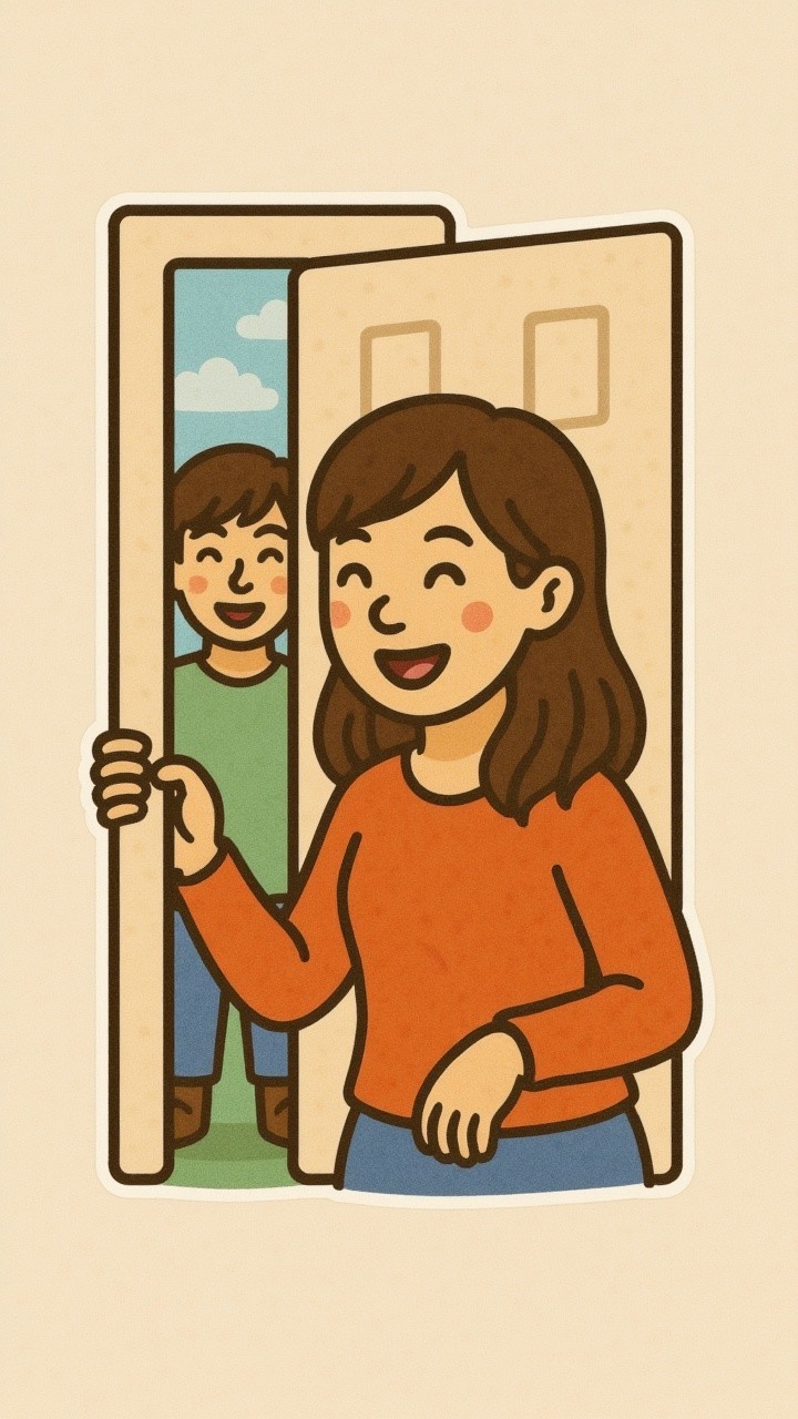 Cheerful scene of a woman and a boy in greeting
