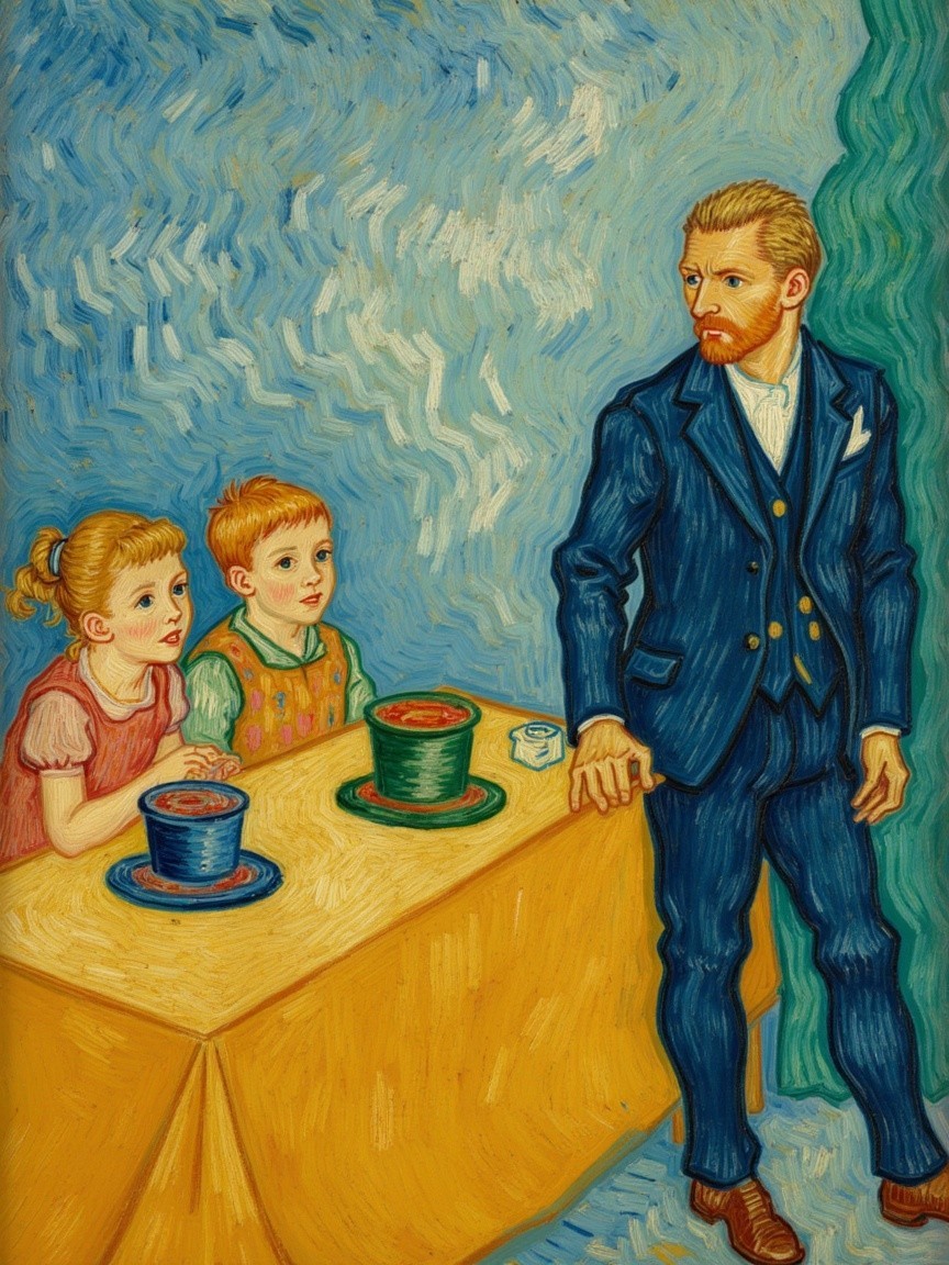 Vivid Artwork of Children and a Man by a Table
