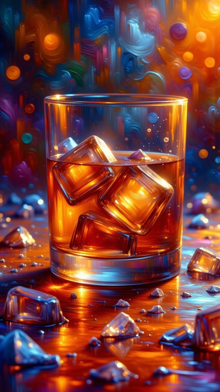 Amber Liquid in Glass with Ice on Wooden Surface