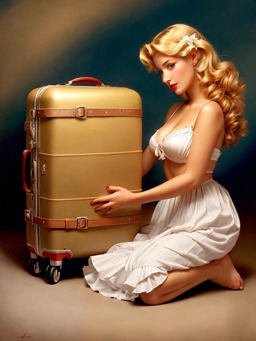 Vintage Glamour with Gold Suitcase and White Dress