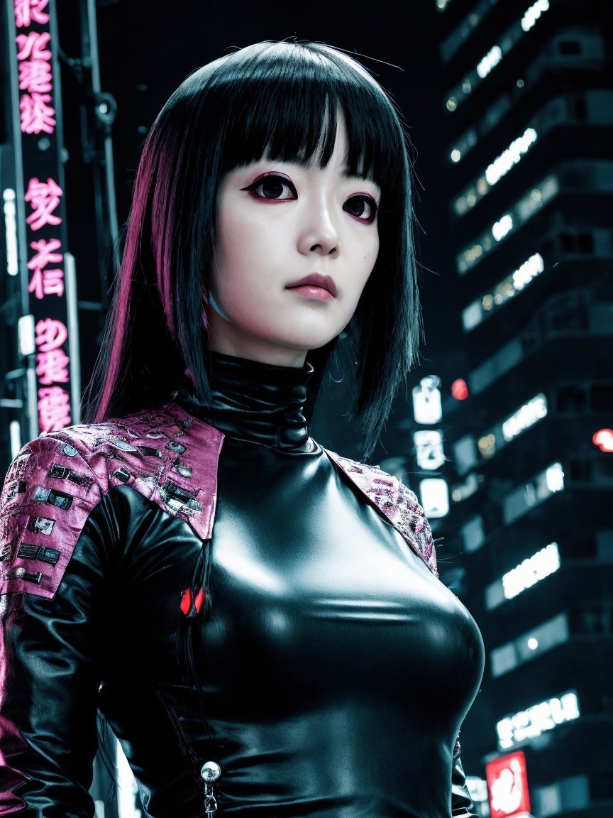 Young woman in futuristic outfit with neon backdrop
