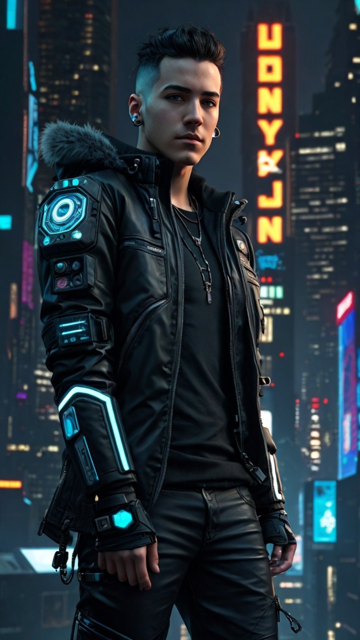 Young man in cybernetic outfit in dystopian city at night