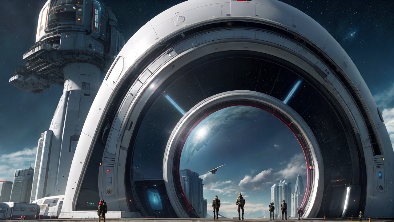 Futuristic Space Station with Circular Gateway and Cityscape