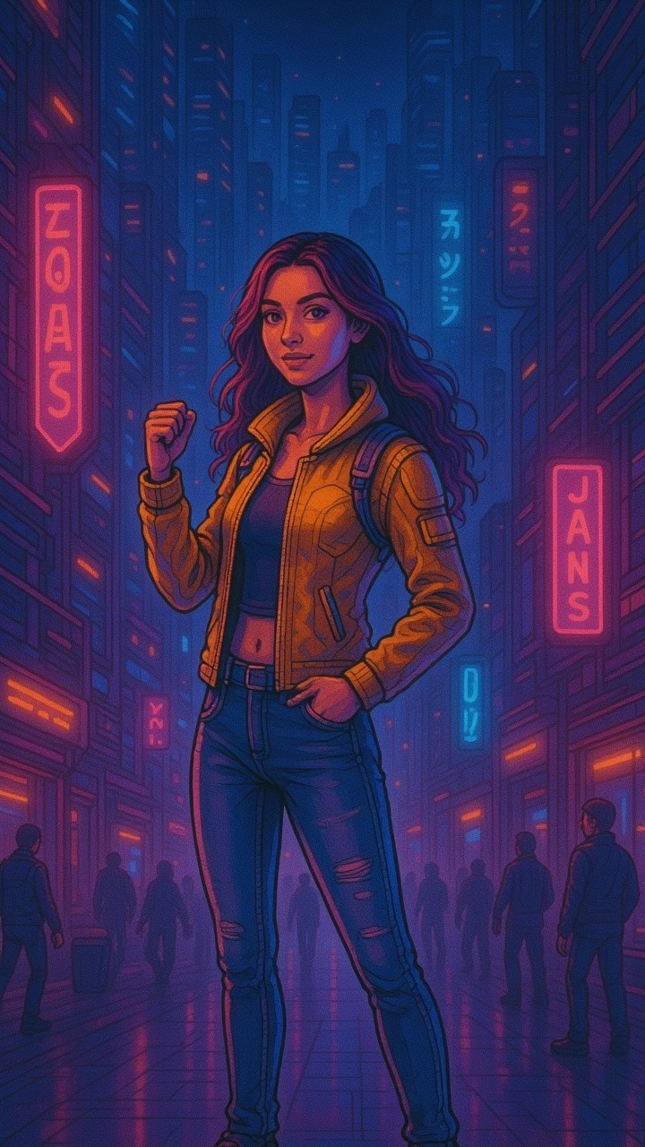 Young Woman in Neon Urban Setting with Raised Fist