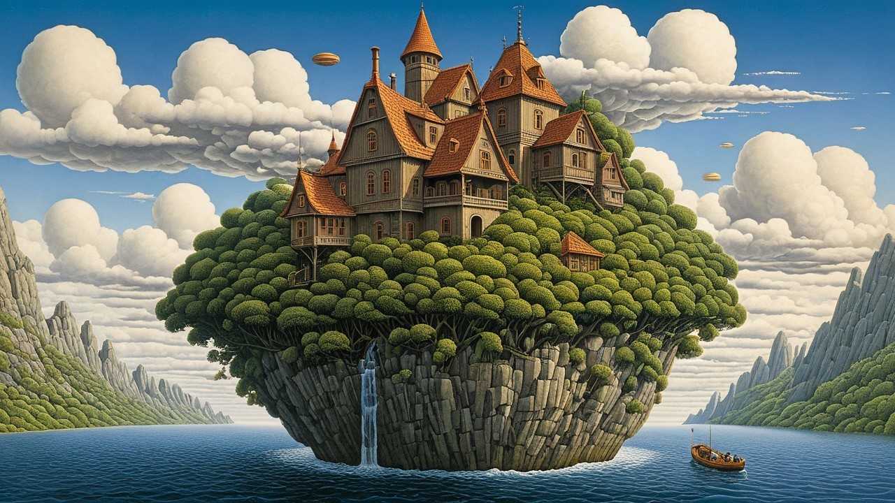 Whimsical Floating Island with Mansion and Waterfall