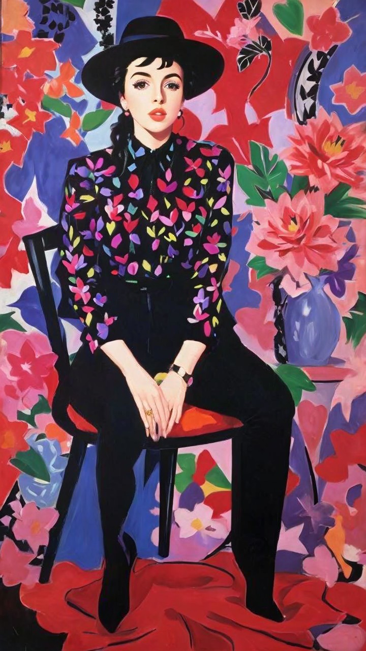 Vibrant Pop Art Painting of a Woman in Black Attire