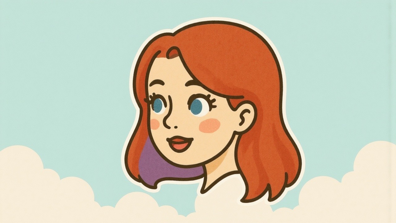 Cheerful Cartoon of Young Woman with Auburn Hair