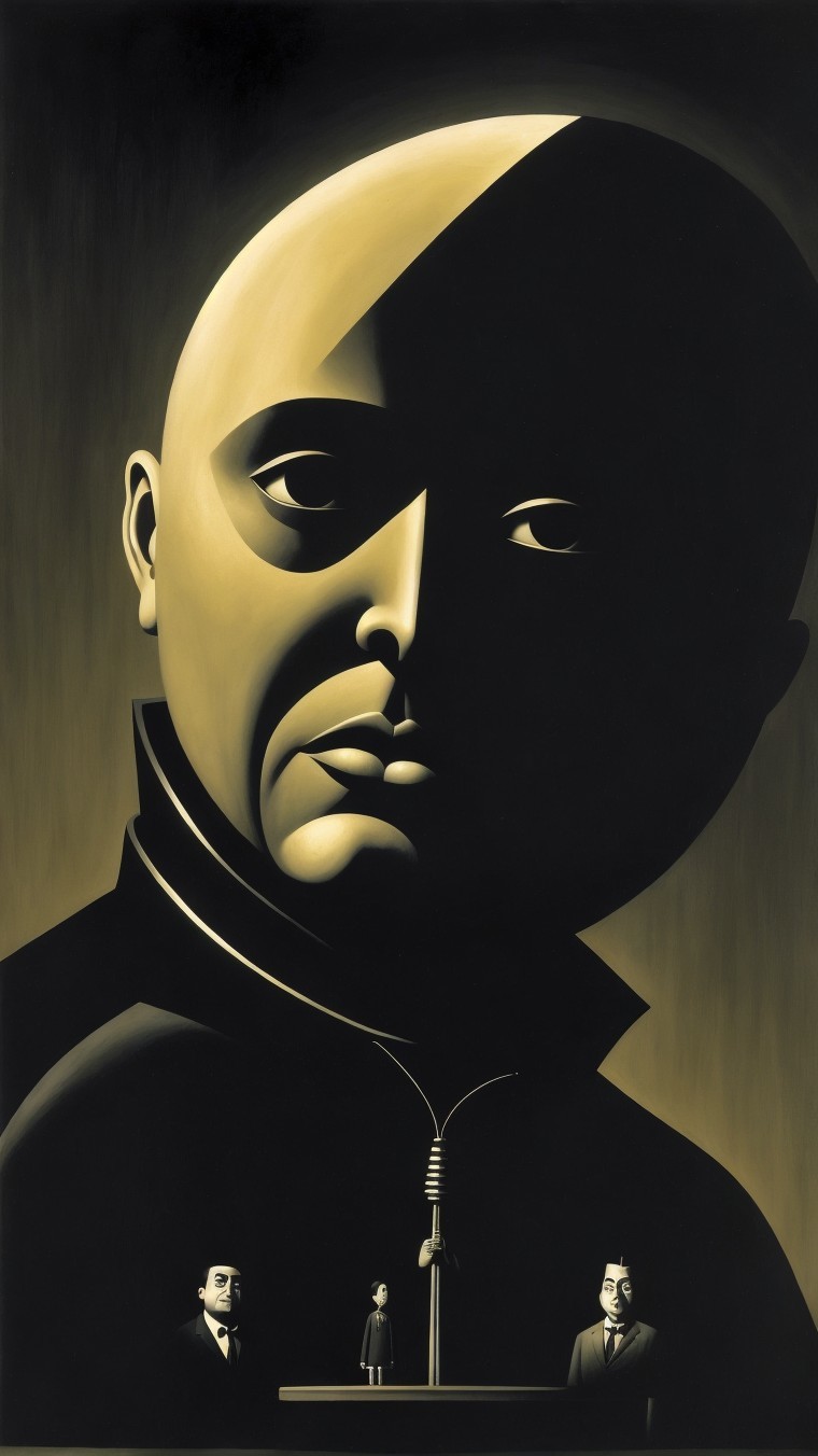 Large Stylized Face with Small Figures on Pedestal