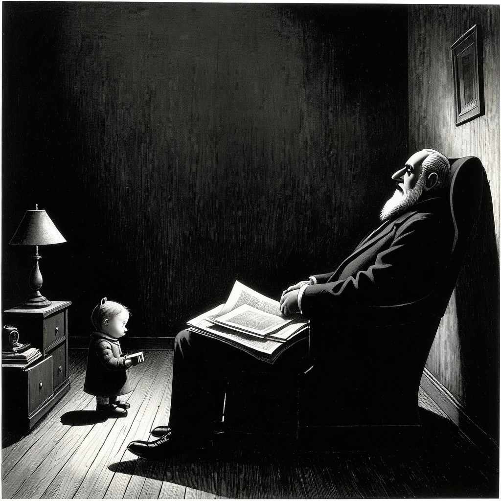Dimly Lit Room with Grandfather and Child Reading