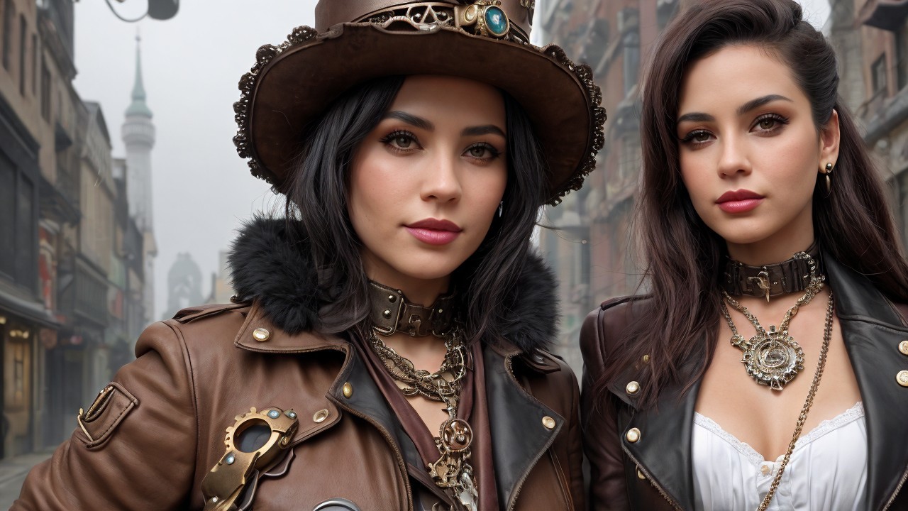 Women in Steampunk Fashion in Urban Setting