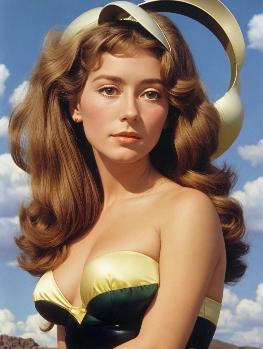 Young Woman in Vibrant Swimsuit Against Blue Sky