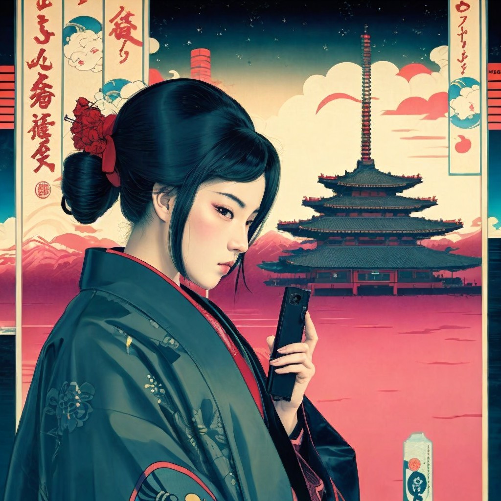 Woman in Traditional Attire with Smartphone by Pagoda