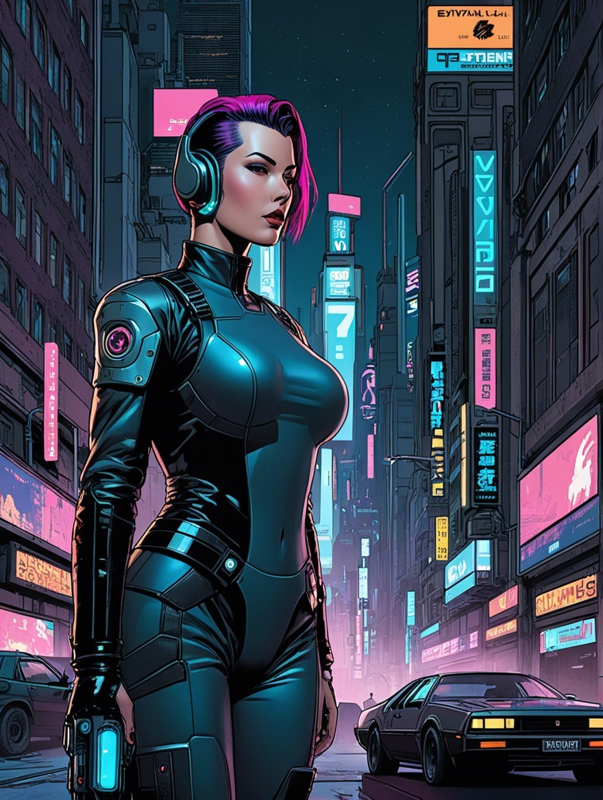 Futuristic Woman in Neon-Lit Cyberpunk Cityscape