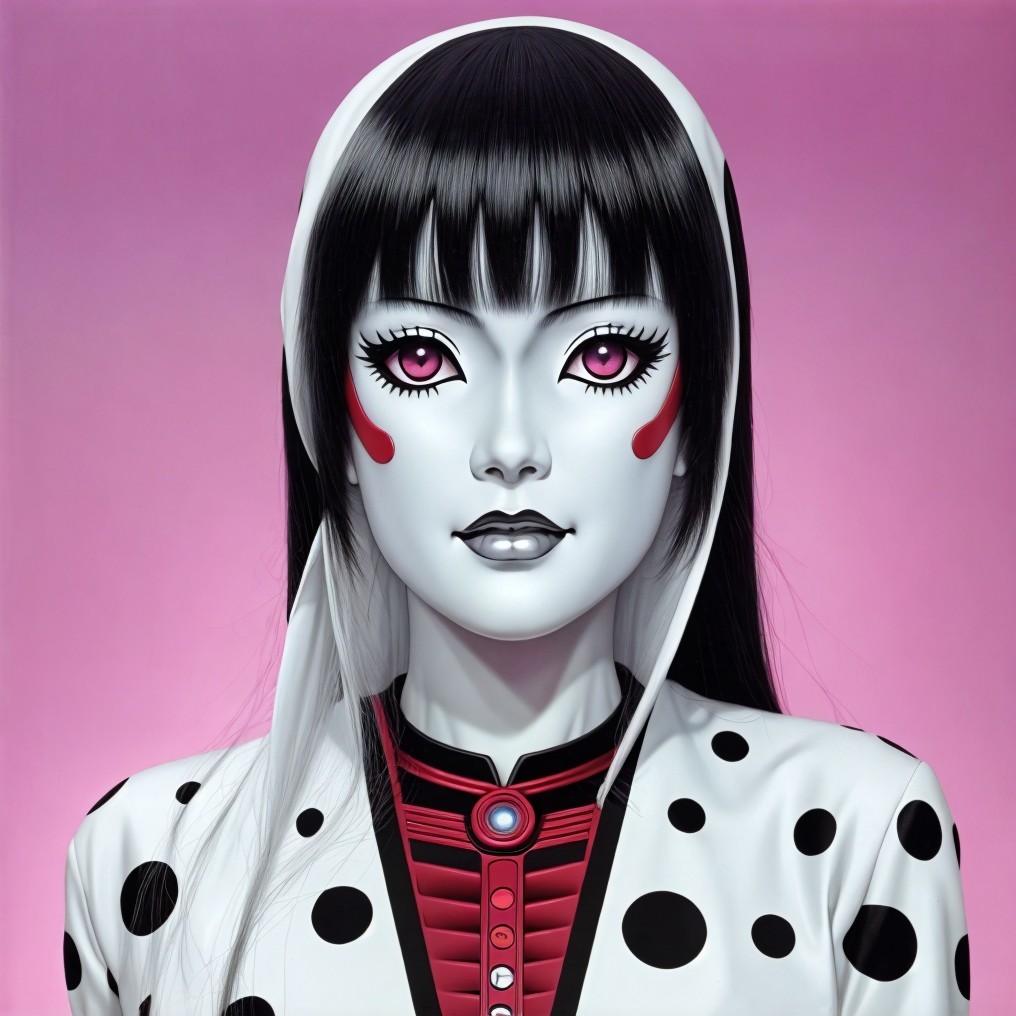 Stylized Humanoid Figure with Bold Contrasts and Patterns