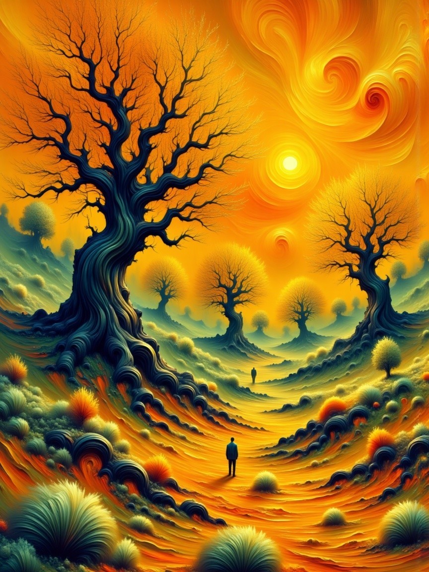 Surreal Landscape with Twisted Trees and Vibrant Sky