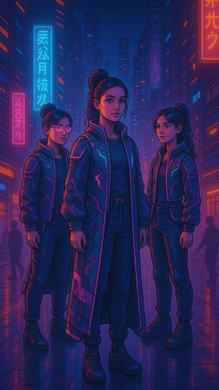 Futuristic Cityscape with Confident Women in Tech Outfits