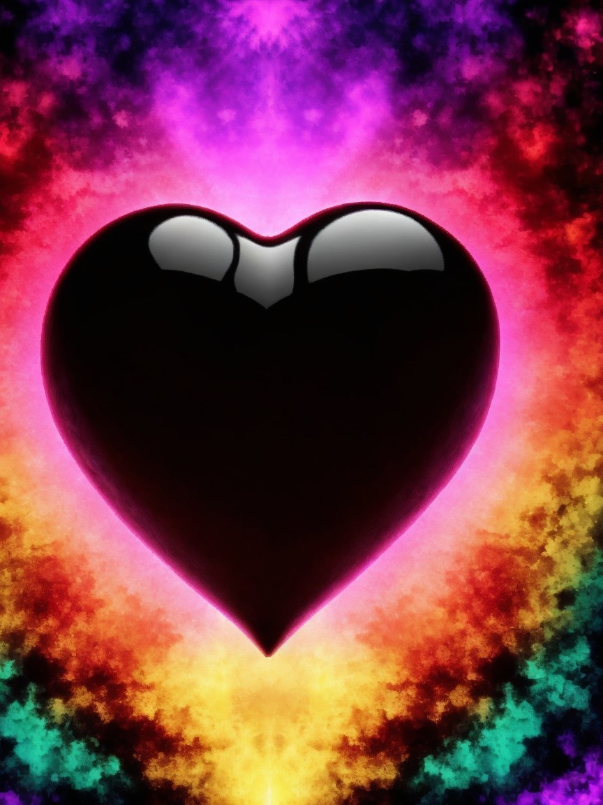 Glossy Black Heart on Vibrant Multicolored Background