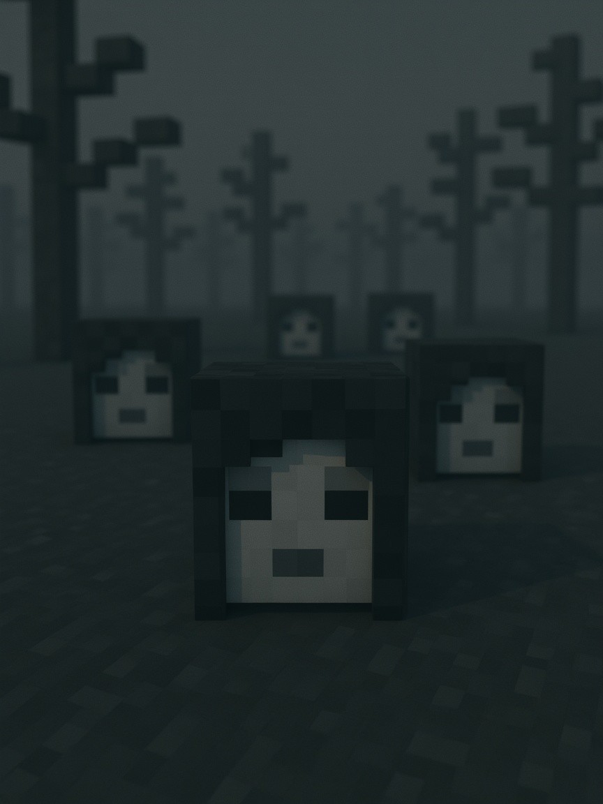 Eerie Pixelated Figures in a Foggy Landscape