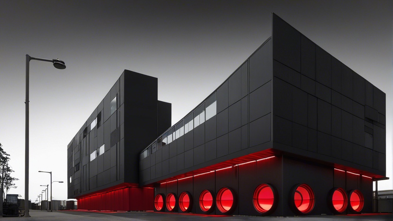 Modern building with black exterior and red accents