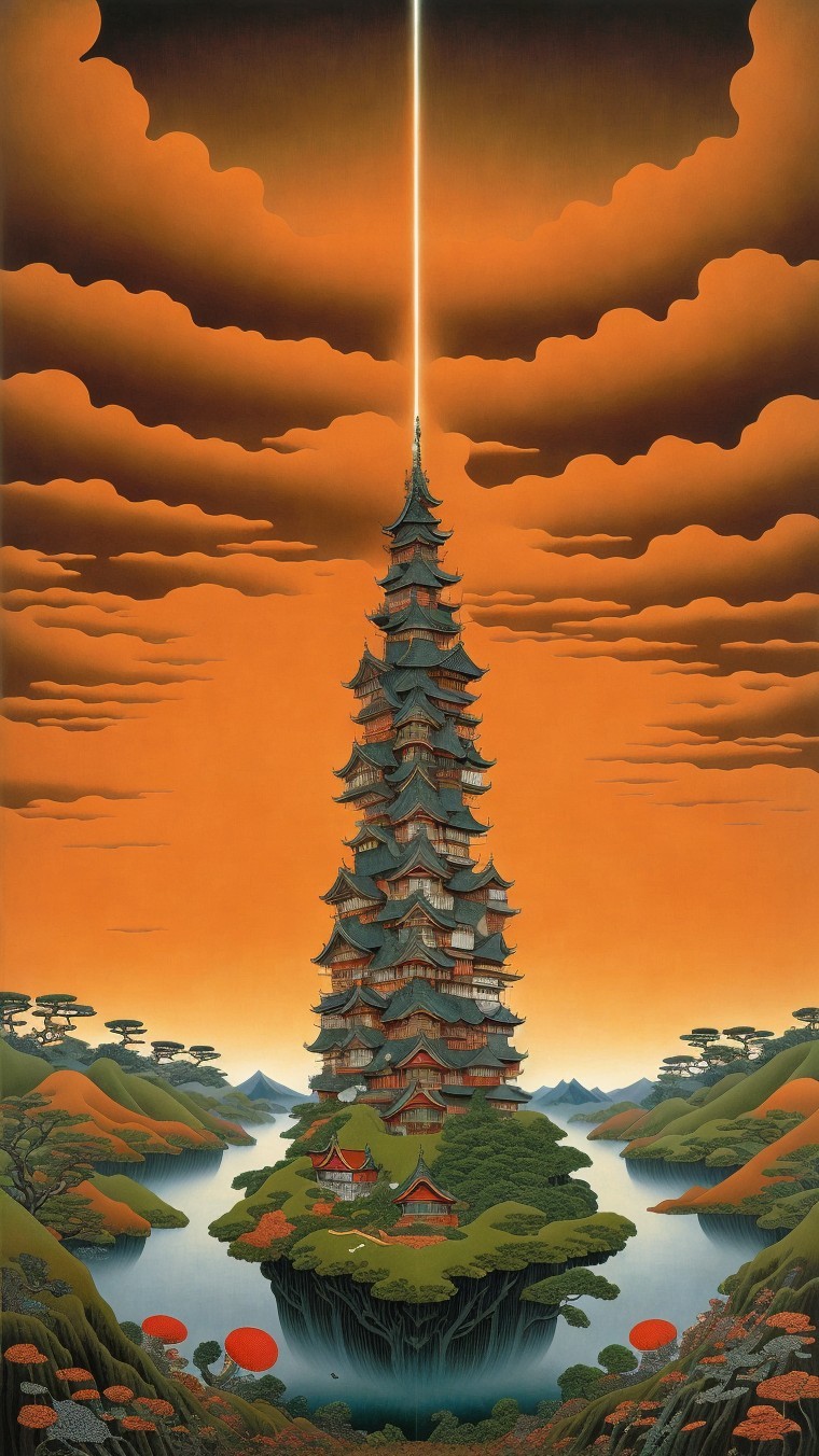 Towering Pagoda on Island Surrounded by Tranquil Waters
