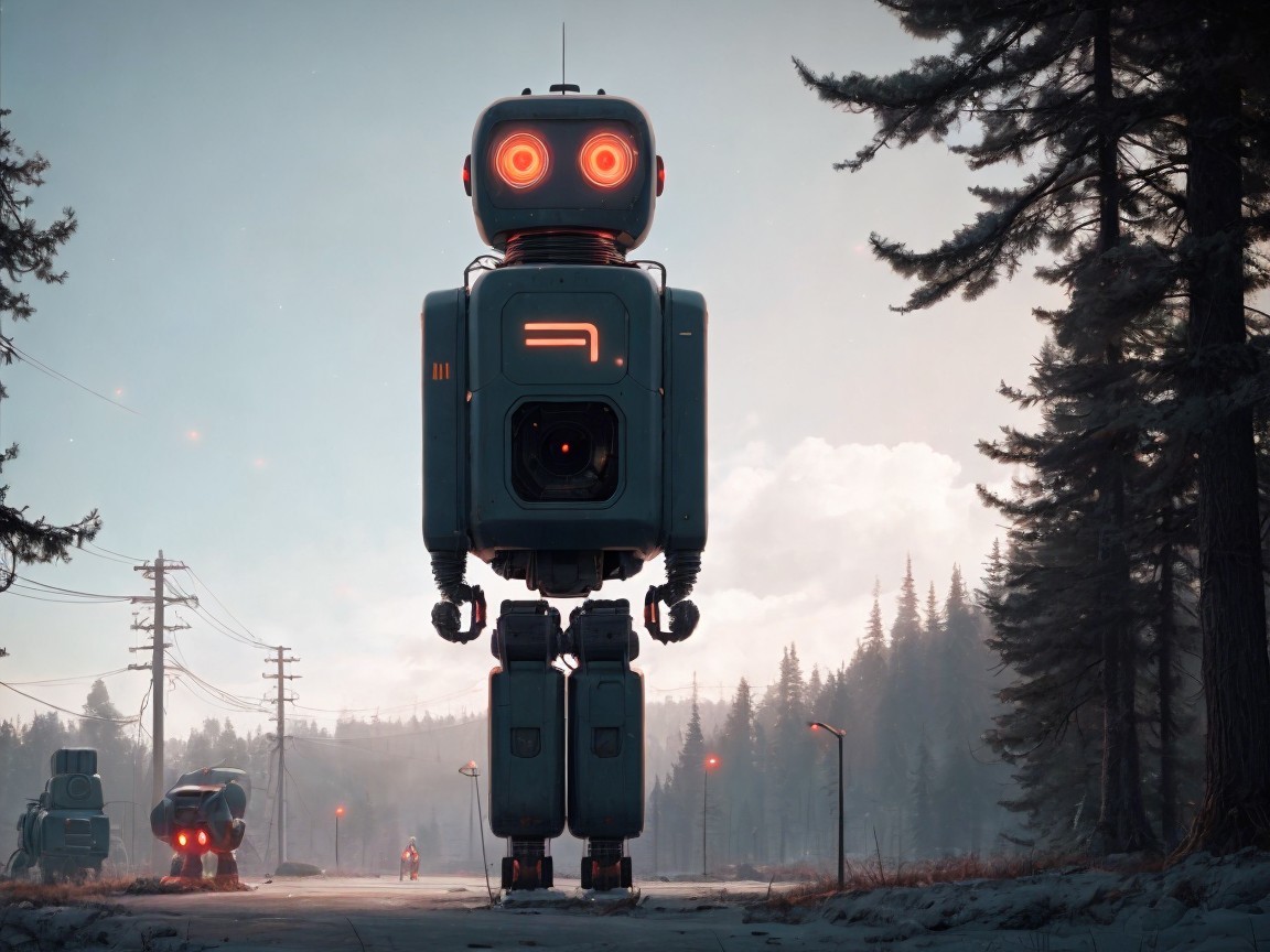 Futuristic robots on a desolate morning road scene