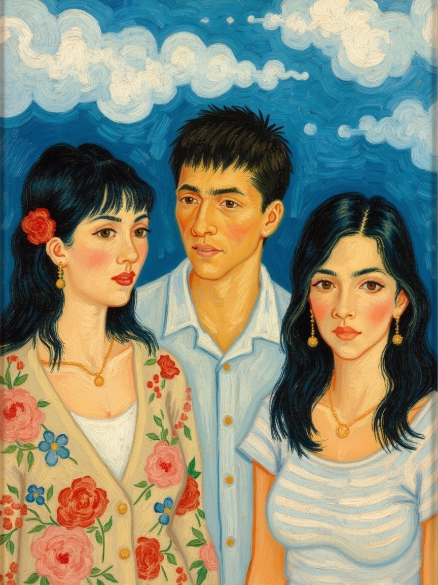 Oil Painting of Three Young Adults Against Blue Sky