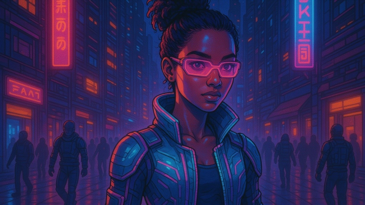 Futuristic Cityscape with Neon Lights and Young Woman